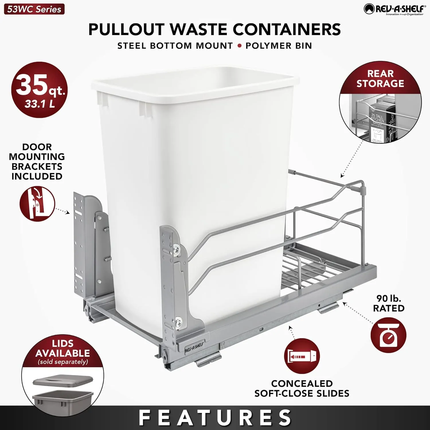 Rev-A-Shelf Pullout Trash Can for Under Kitchen Cabinets 35 Quart 8.75 Gallon with Soft-Close Slides and Rear Storage, Champagne, 53WC-1535SCDM-112