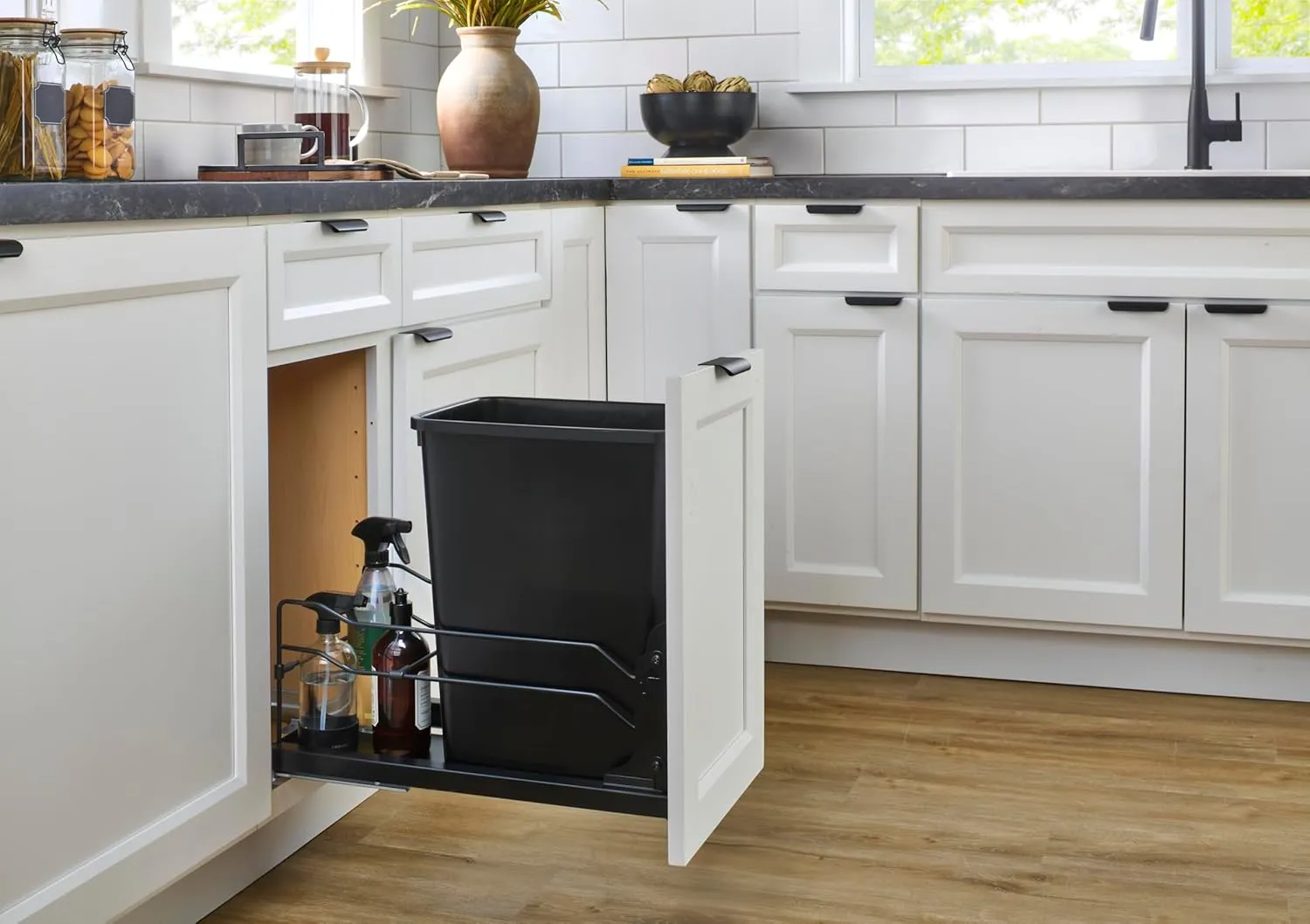 Rev-A-Shelf Pullout Trash Can for Under Kitchen Cabinets 35 Quart 8.75 Gallon with Soft-Close Slides and Rear Storage, Champagne, 53WC-1535SCDM-112