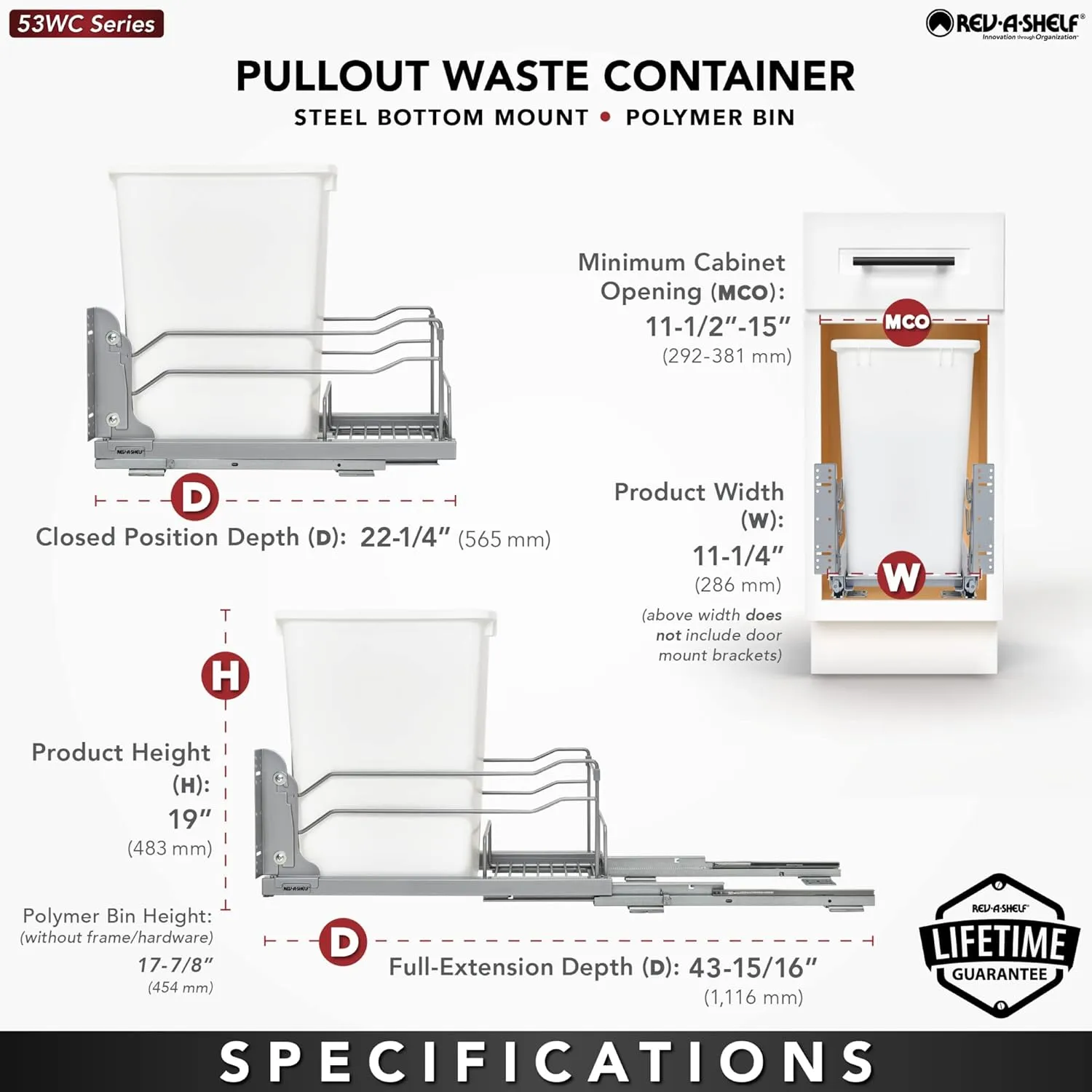 Rev-A-Shelf Pullout Trash Can for Under Kitchen Cabinets 35 Quart 8.75 Gallon with Soft-Close Slides and Rear Storage, Champagne, 53WC-1535SCDM-112