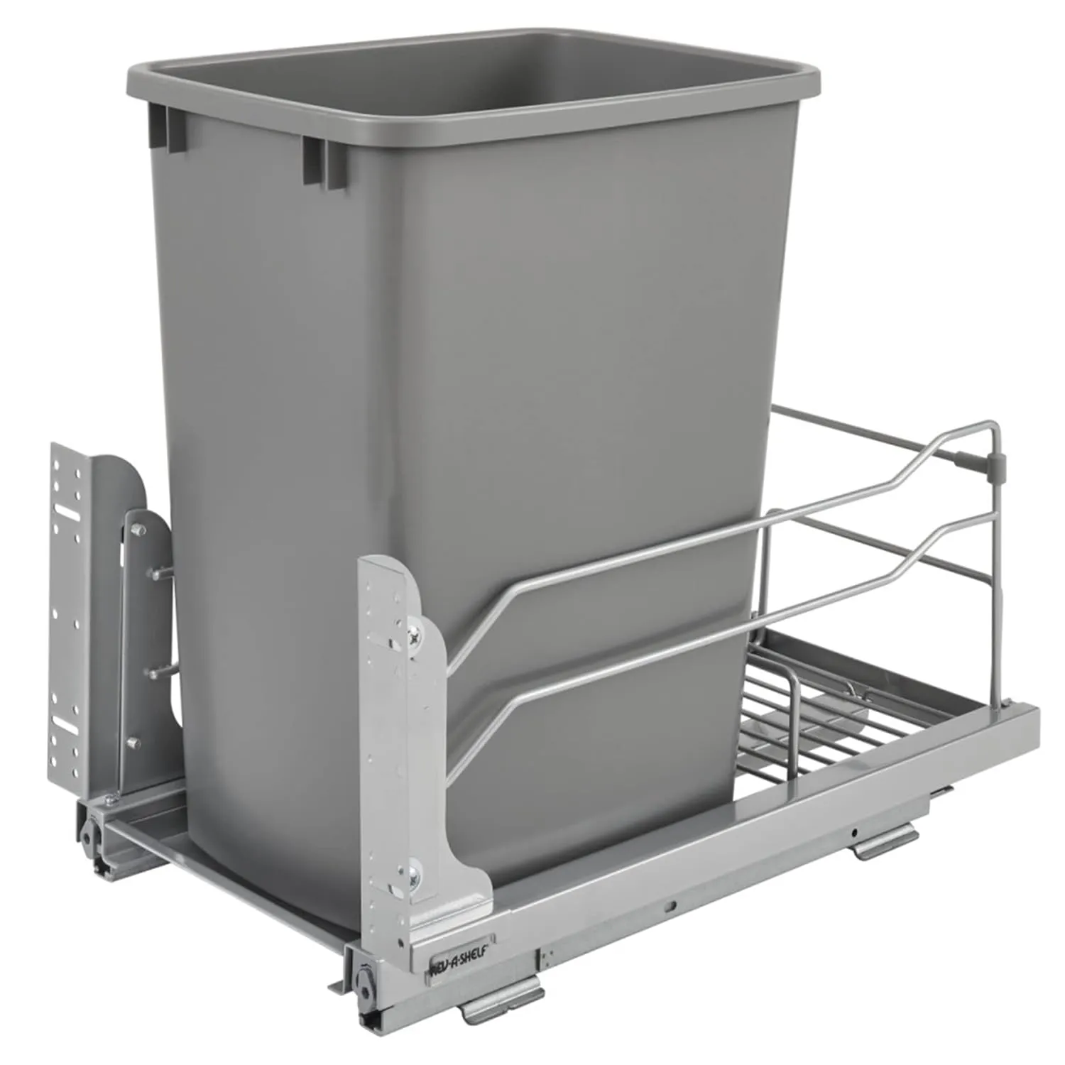Rev-A-Shelf Pullout Trash Can for Under Kitchen Cabinets 35 Quart 8.75 Gallon with Soft-Close Slides and Rear Storage, Silver, 53WC-1535SCDM-117