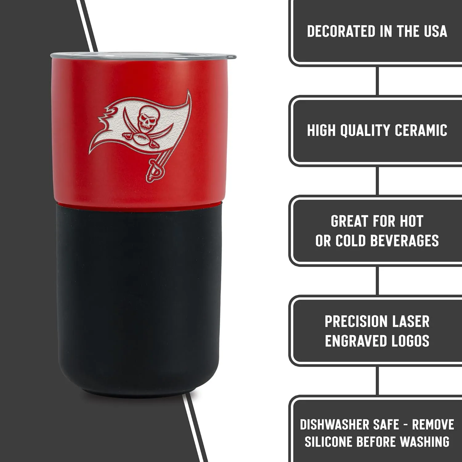 Rico Industries NFL Licensed 16 oz Ceramic Tumbler with Silicone Grip, Deep Laser Engraved Logo, Travel Coffee Mug With Slide Lid, Portable Cup For Office or Home Use, Matte Finish