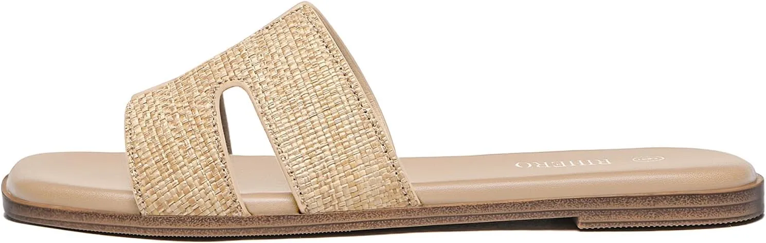 Rihero Women's Dressy Flat Sandals Comfortable Slip On Leather Slide Sandals