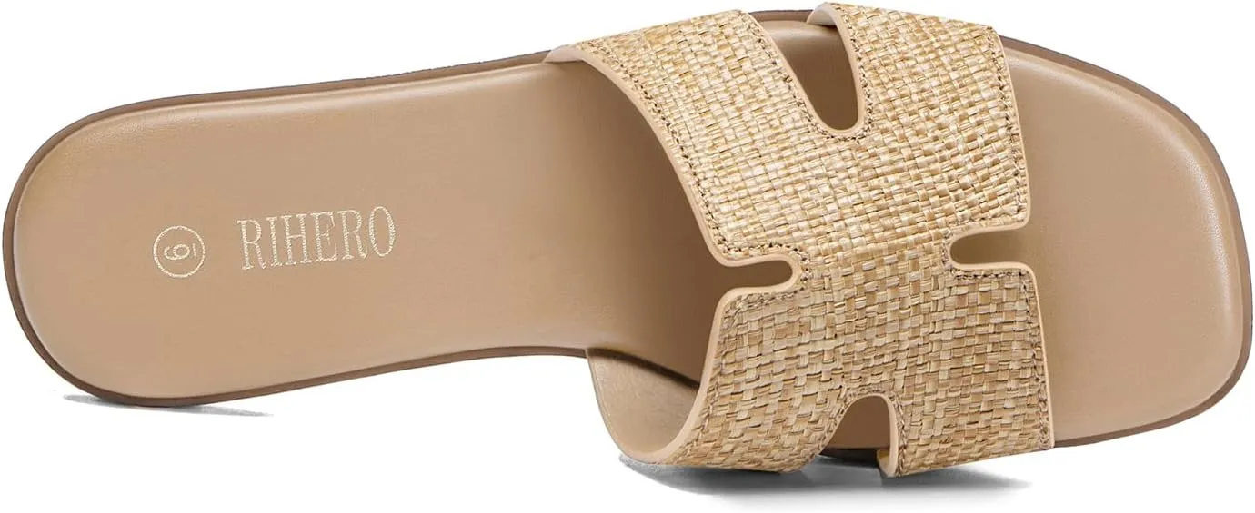 Rihero Women's Dressy Flat Sandals Comfortable Slip On Leather Slide Sandals