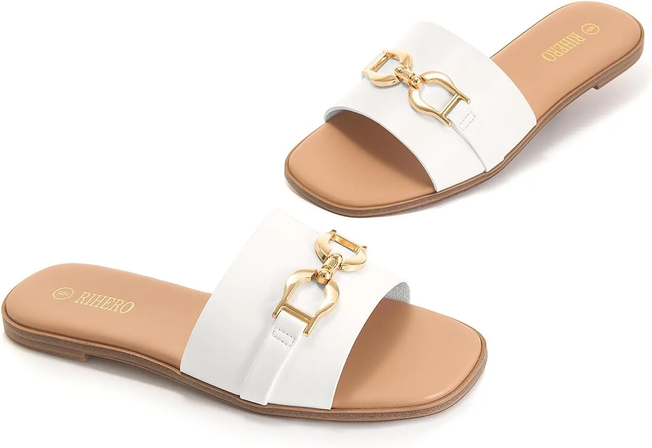 Rihero Women's Flat Sandals Summer Comfortable Square Open Toe Slip On Leather Slide Sandals