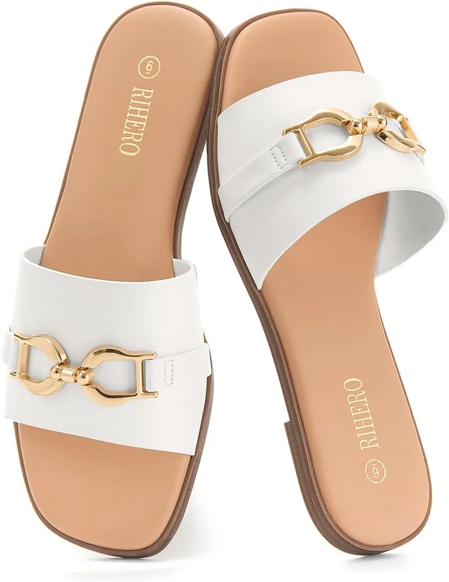 Rihero Women's Flat Sandals Summer Comfortable Square Open Toe Slip On Leather Slide Sandals