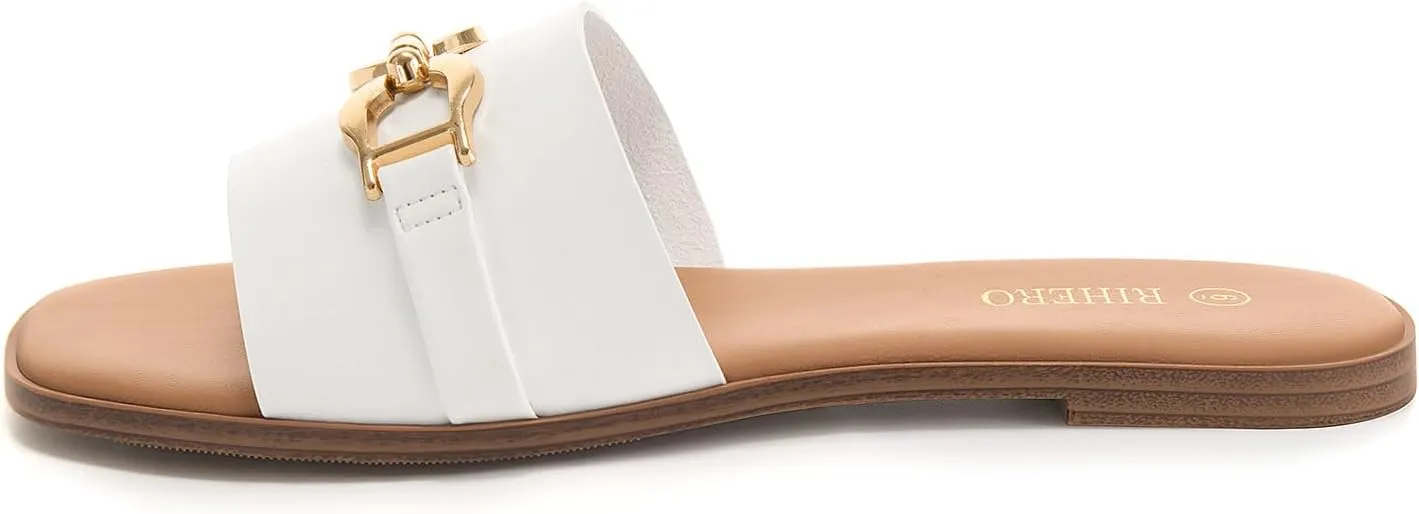 Rihero Women's Flat Sandals Summer Comfortable Square Open Toe Slip On Leather Slide Sandals