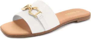 Rihero Women's Flat Sandals Summer Comfortable Square Open Toe Slip On Leather Slide Sandals