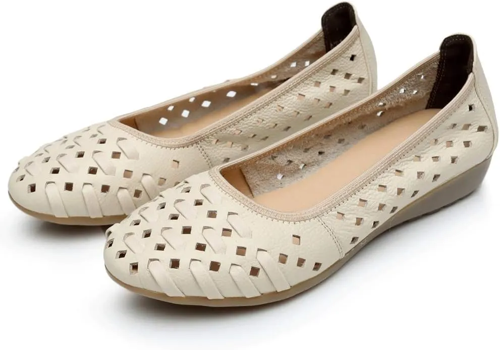 rismart Women's Hollow Comfort Slip On Leather Ballets Flats Shoes