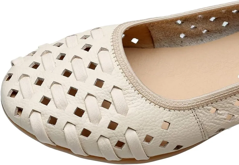 rismart Women's Hollow Comfort Slip On Leather Ballets Flats Shoes