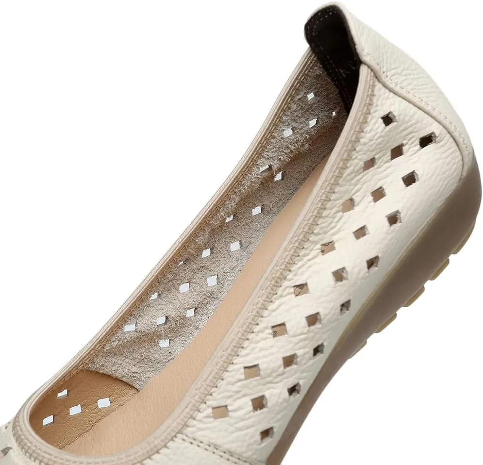 rismart Women's Hollow Comfort Slip On Leather Ballets Flats Shoes