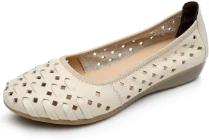 rismart Women's Hollow Comfort Slip On Leather Ballets Flats Shoes