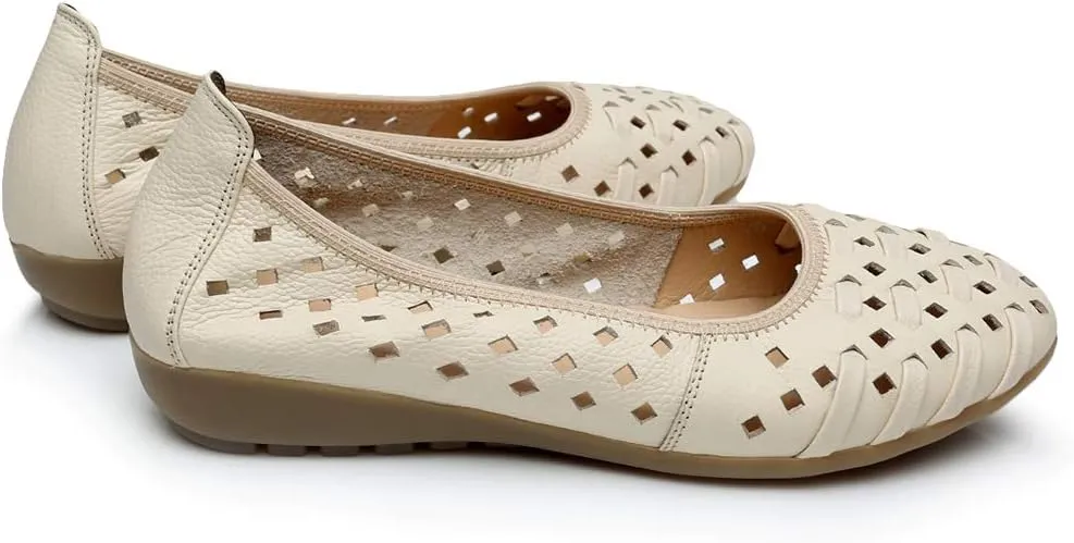 rismart Women's Hollow Comfort Slip On Leather Ballets Flats Shoes
