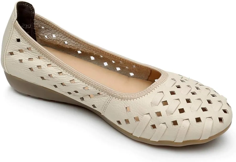 rismart Women's Hollow Comfort Slip On Leather Ballets Flats Shoes