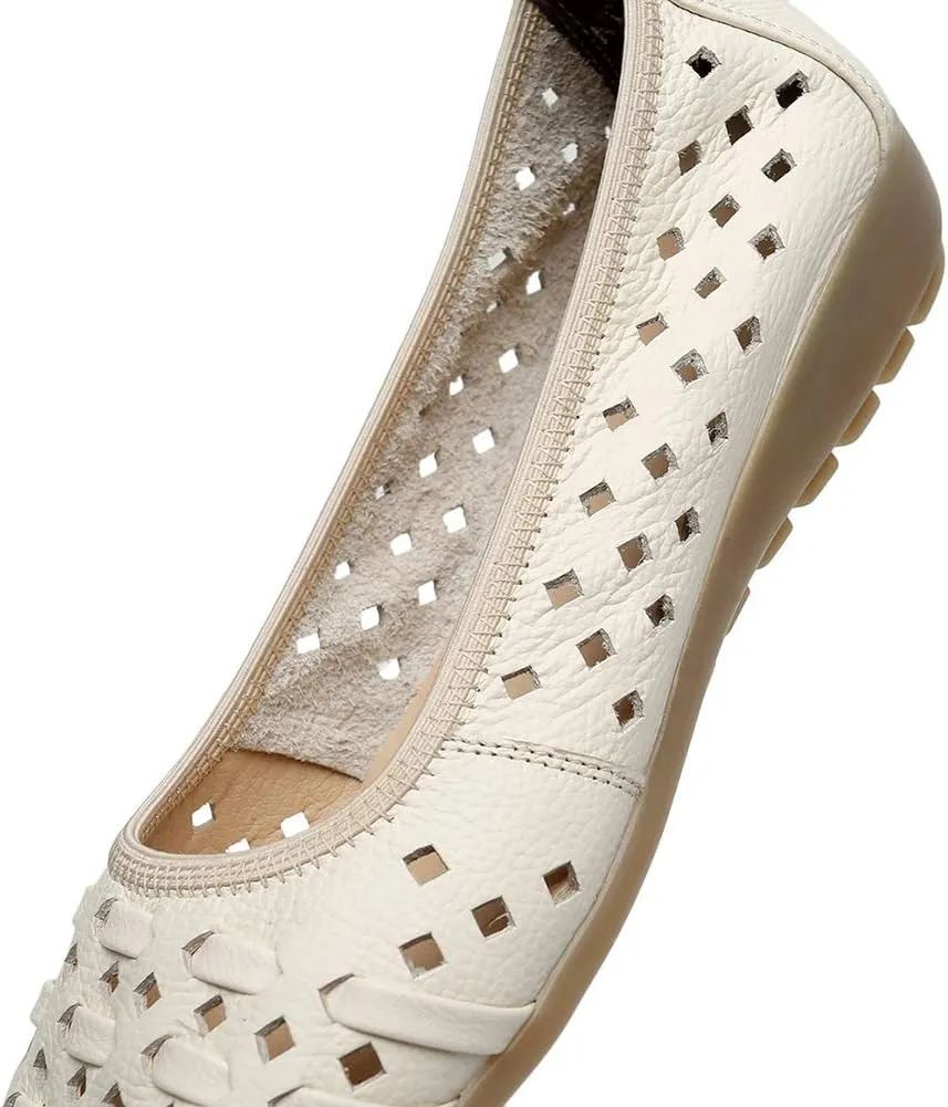rismart Women's Hollow Comfort Slip On Leather Ballets Flats Shoes
