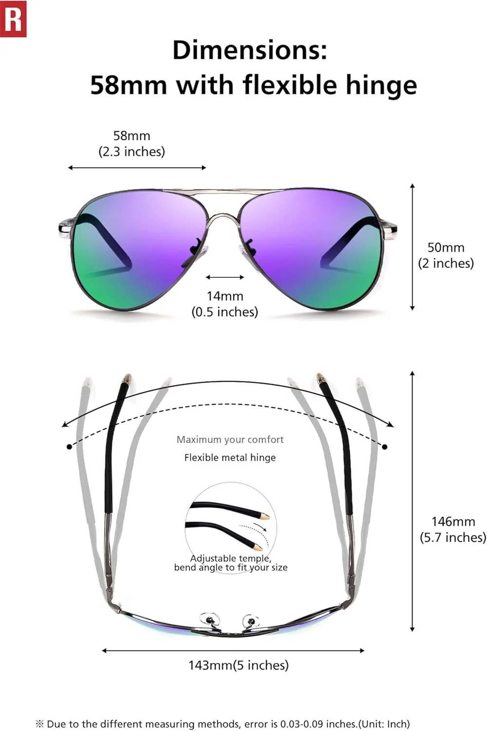 ROCKNIGHT Polarized Aviator Sunglasses for Men Women Metal Flat Top Sunglasses lightweight Driving UV400 Outdoor 58mm