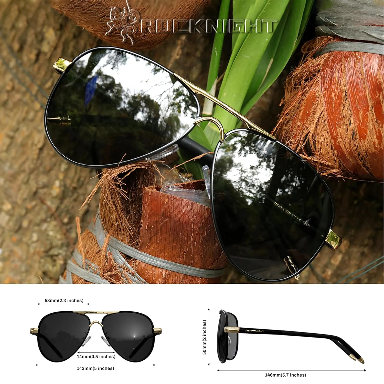 ROCKNIGHT Polarized Aviator Sunglasses for Men Women Metal Flat Top Sunglasses lightweight Driving UV400 Outdoor 58mm