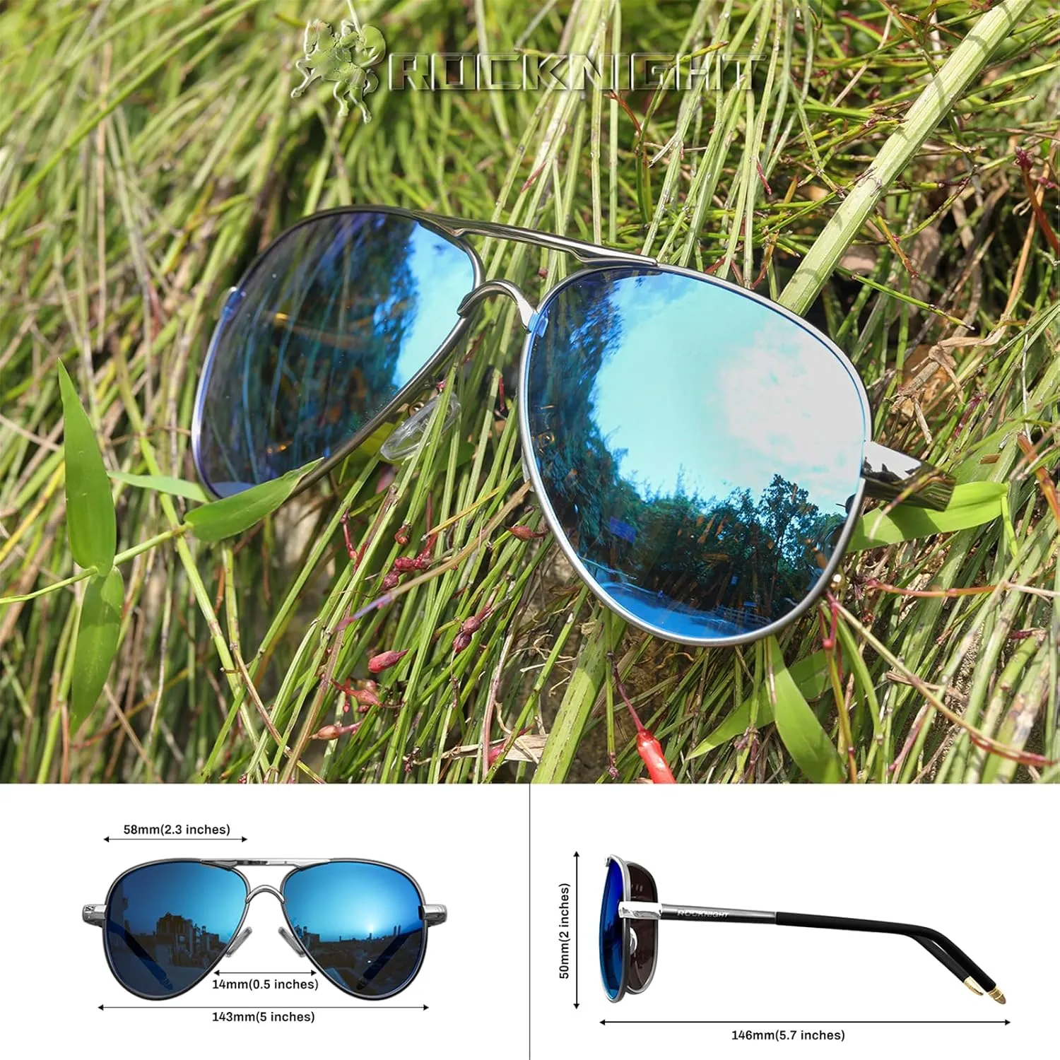 ROCKNIGHT Polarized Aviator Sunglasses for Men Women Metal Flat Top Sunglasses lightweight Driving UV400 Outdoor 58mm