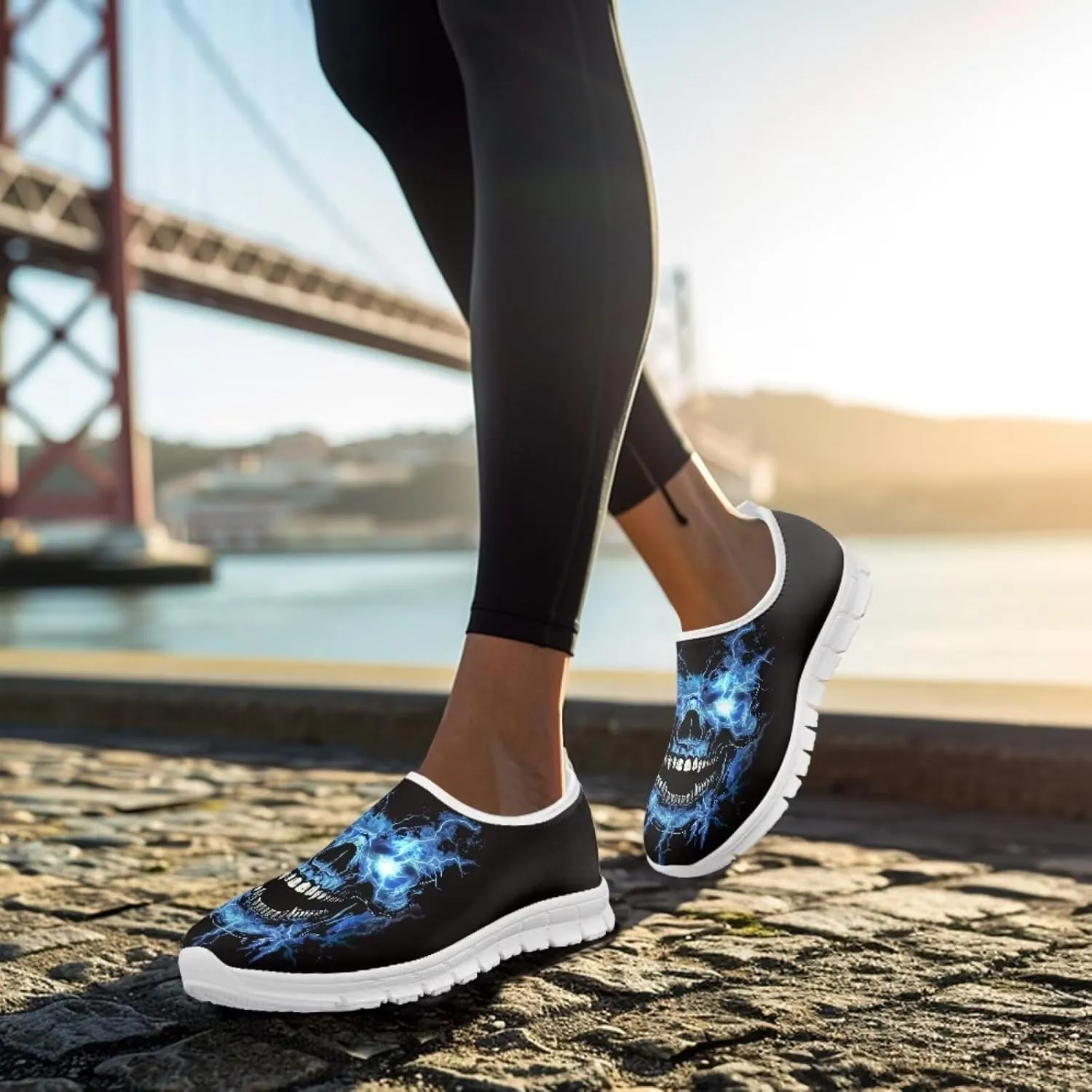 Rose Skull Print Women's Loafers Slip On Slip Shoe Casual Walking Shoes Non Slip Work Shoes Mesh Athletic Sneakers