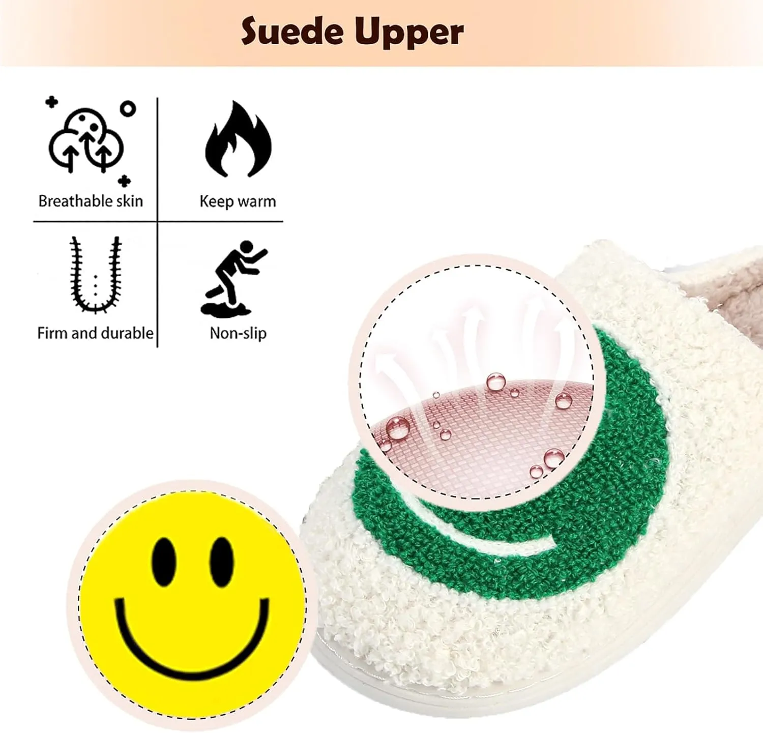 rosyclo Smile Face Slippers Retro Soft Plush Cozy House Slippers Slip-on Fluffy Indoor Outdoor Smile Slippers for Women and Men