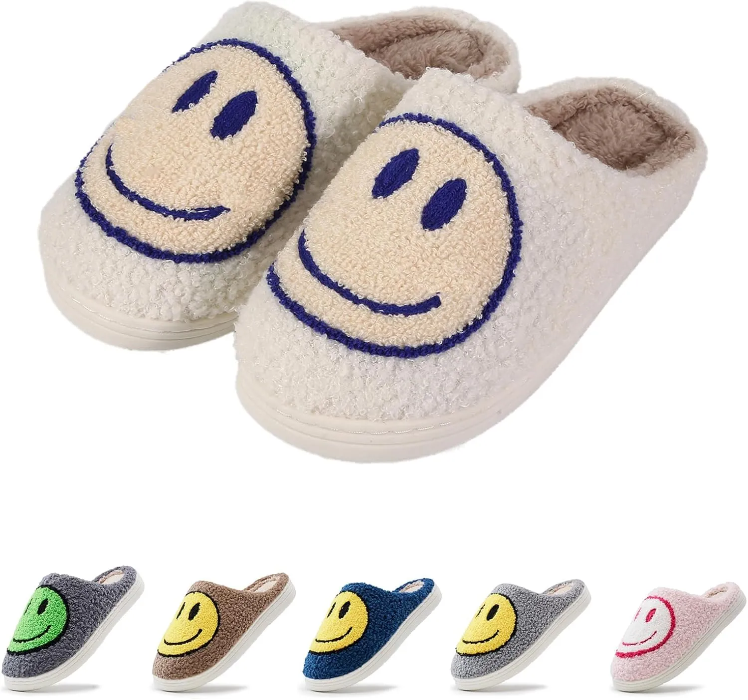 rosyclo Smile Face Slippers Retro Soft Plush Cozy House Slippers Slip-on Fluffy Indoor Outdoor Smile Slippers for Women and Men