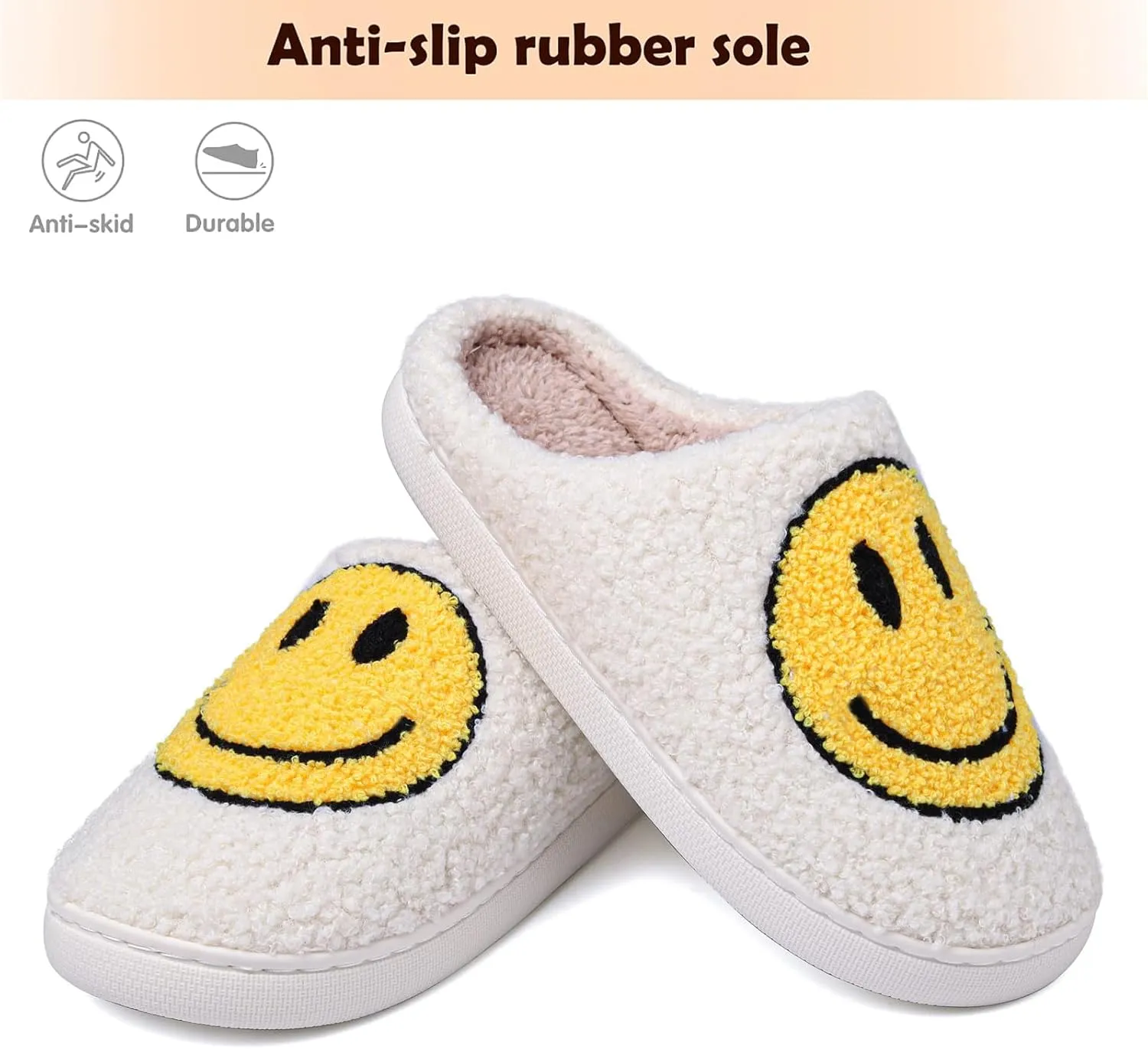 rosyclo Smile Face Slippers Retro Soft Plush Cozy House Slippers Slip-on Fluffy Indoor Outdoor Smile Slippers for Women and Men