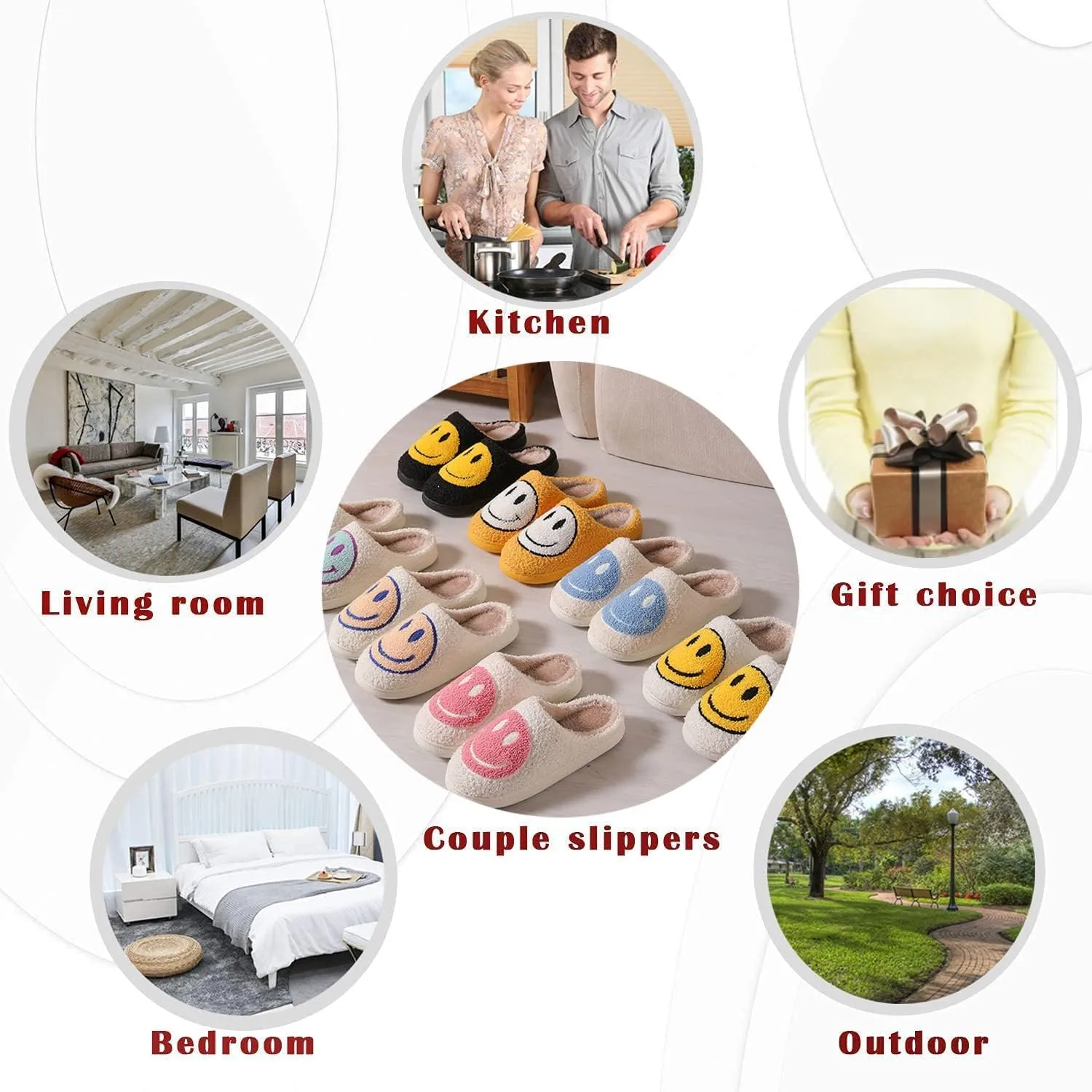 rosyclo Smile Face Slippers Retro Soft Plush Cozy House Slippers Slip-on Fluffy Indoor Outdoor Smile Slippers for Women and Men