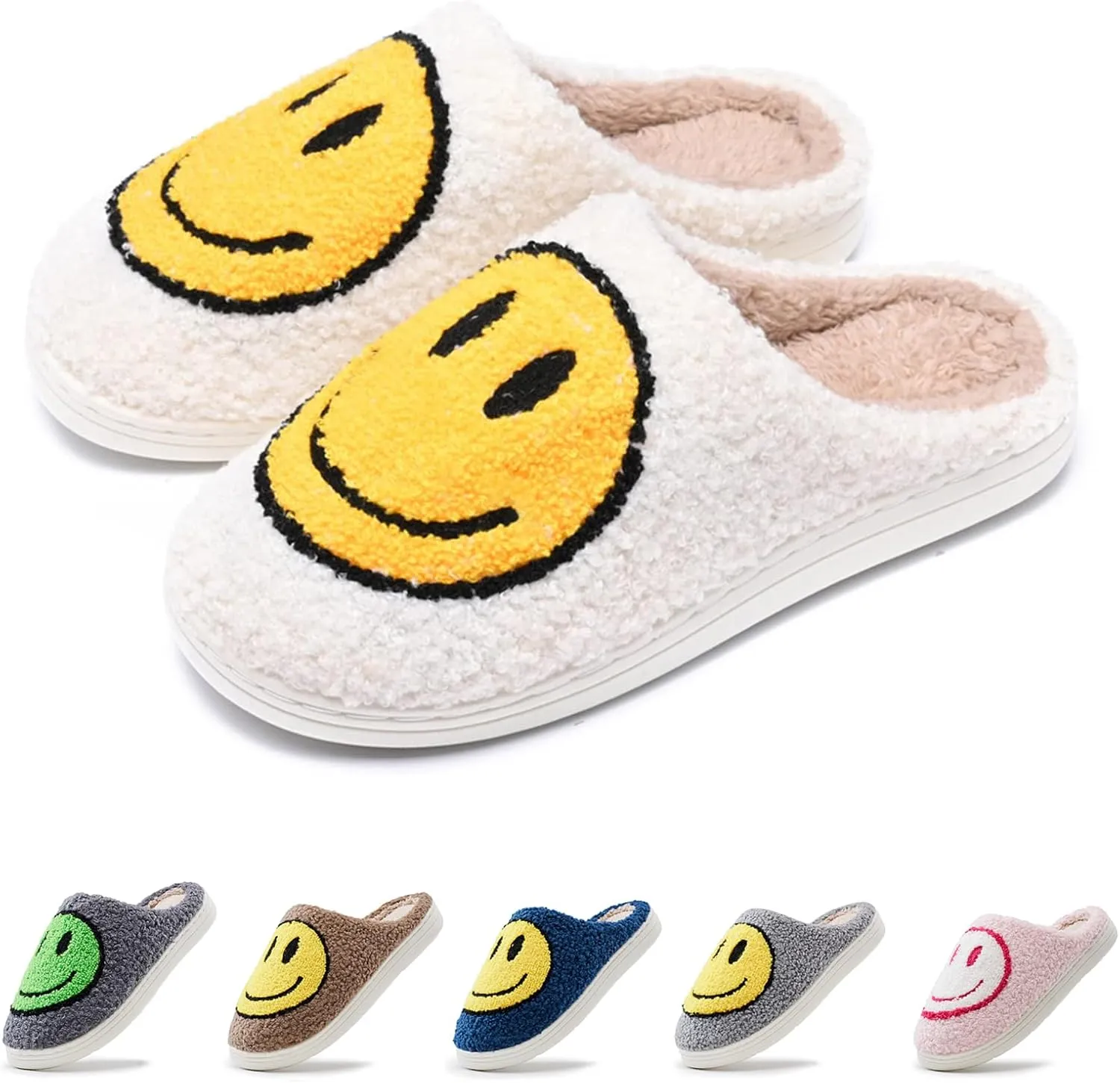 rosyclo Smile Face Slippers Retro Soft Plush Cozy House Slippers Slip-on Fluffy Indoor Outdoor Smile Slippers for Women and Men