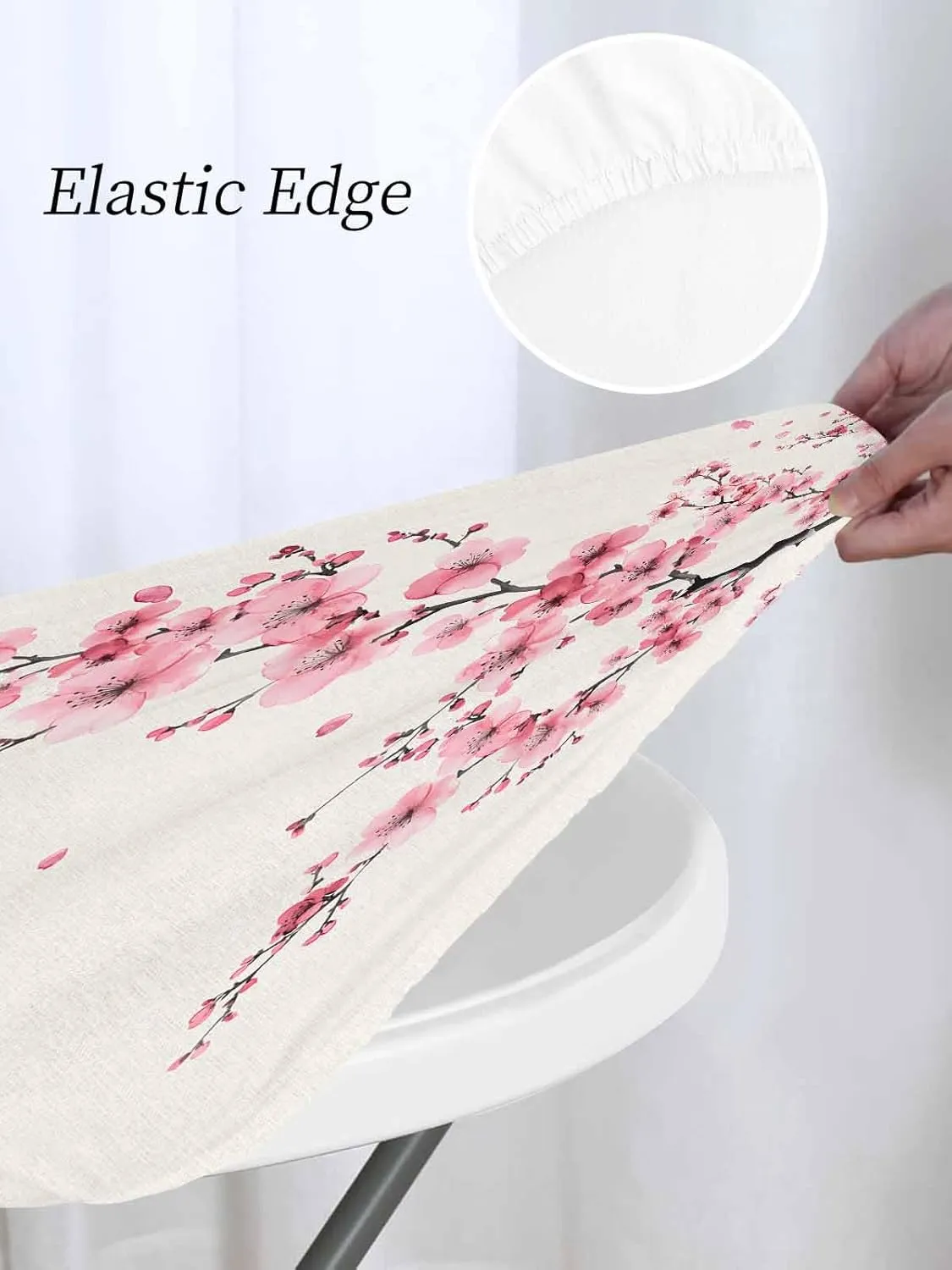 Round Fitted Tablecloth Cherry Blossoms on Retro Waterproof Table Cover for Indoor Outdoor Holiday Party Chinese Pink Floral Elastic Edged Tablecloths Fit Up 45"-54" Tables