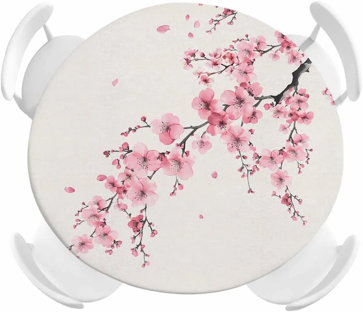 Round Fitted Tablecloth Cherry Blossoms on Retro Waterproof Table Cover for Indoor Outdoor Holiday Party Chinese Pink Floral Elastic Edged Tablecloths Fit Up 45"-54" Tables