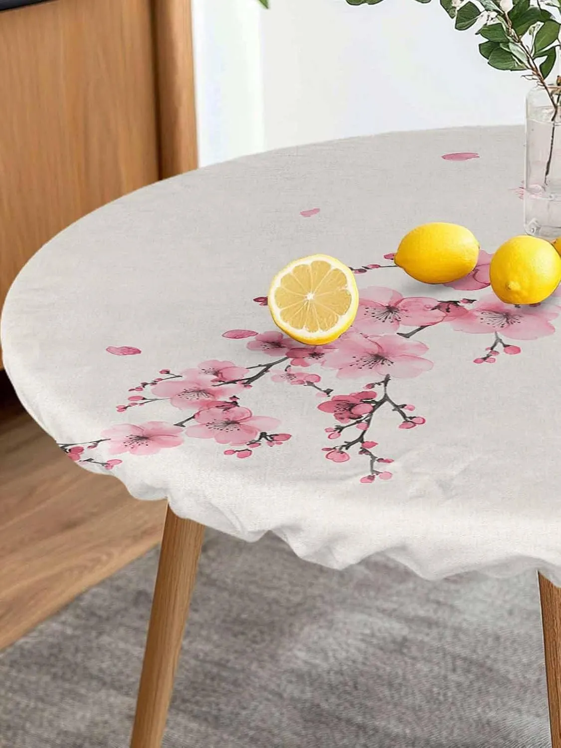 Round Fitted Tablecloth Cherry Blossoms on Retro Waterproof Table Cover for Indoor Outdoor Holiday Party Chinese Pink Floral Elastic Edged Tablecloths Fit Up 45"-54" Tables