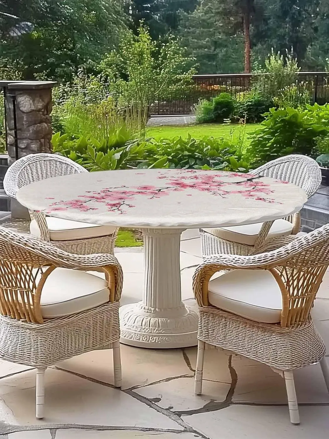 Round Fitted Tablecloth Cherry Blossoms on Retro Waterproof Table Cover for Indoor Outdoor Holiday Party Chinese Pink Floral Elastic Edged Tablecloths Fit Up 45"-54" Tables