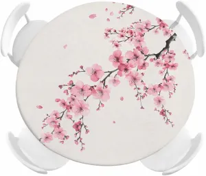 Round Fitted Tablecloth Cherry Blossoms on Retro Waterproof Table Cover for Indoor Outdoor Holiday Party Chinese Pink Floral Elastic Edged Tablecloths Fit Up 45"-54" Tables