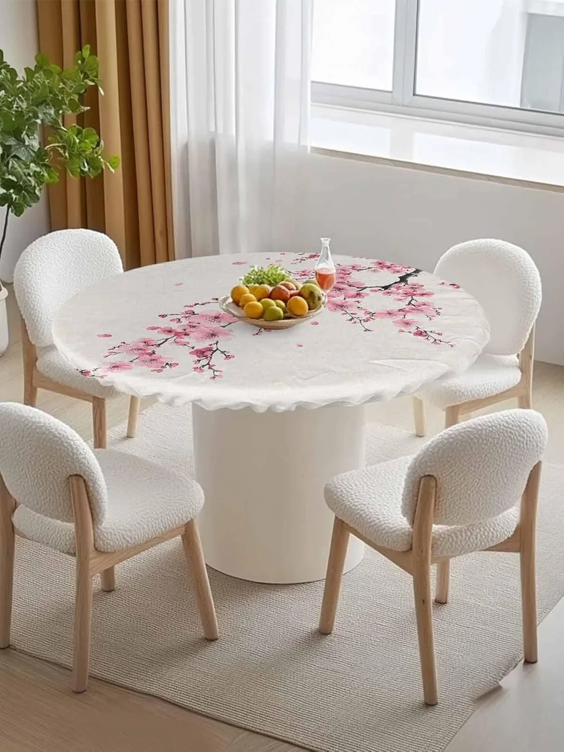 Round Fitted Tablecloth Cherry Blossoms on Retro Waterproof Table Cover for Indoor Outdoor Holiday Party Chinese Pink Floral Elastic Edged Tablecloths Fit Up 45"-54" Tables
