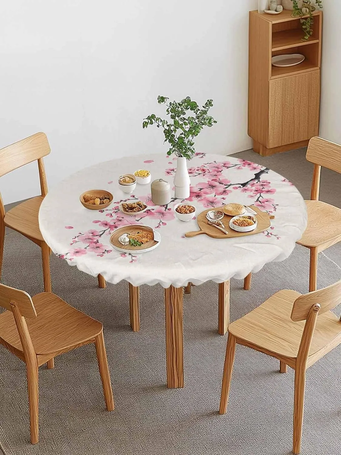 Round Fitted Tablecloth Cherry Blossoms on Retro Waterproof Table Cover for Indoor Outdoor Holiday Party Chinese Pink Floral Elastic Edged Tablecloths Fit Up 45"-54" Tables