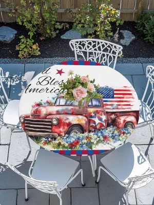 Round Fitted Tablecloth - Vintage Patriotic American Flag Truck Waterproof Table Cover for Indoor Outdoor Holiday Party, Independence Day Elastic Edged Tablecloths Fit Up 55"-60" Tables