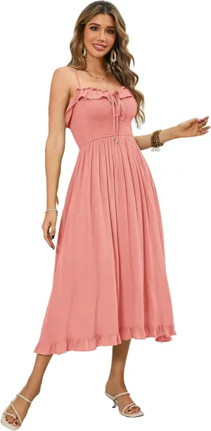 R.Vivimos Womens Summer Cotton Spaghetti Straps V-Neck Ruffle Casual Boho Midi Flowy Dress