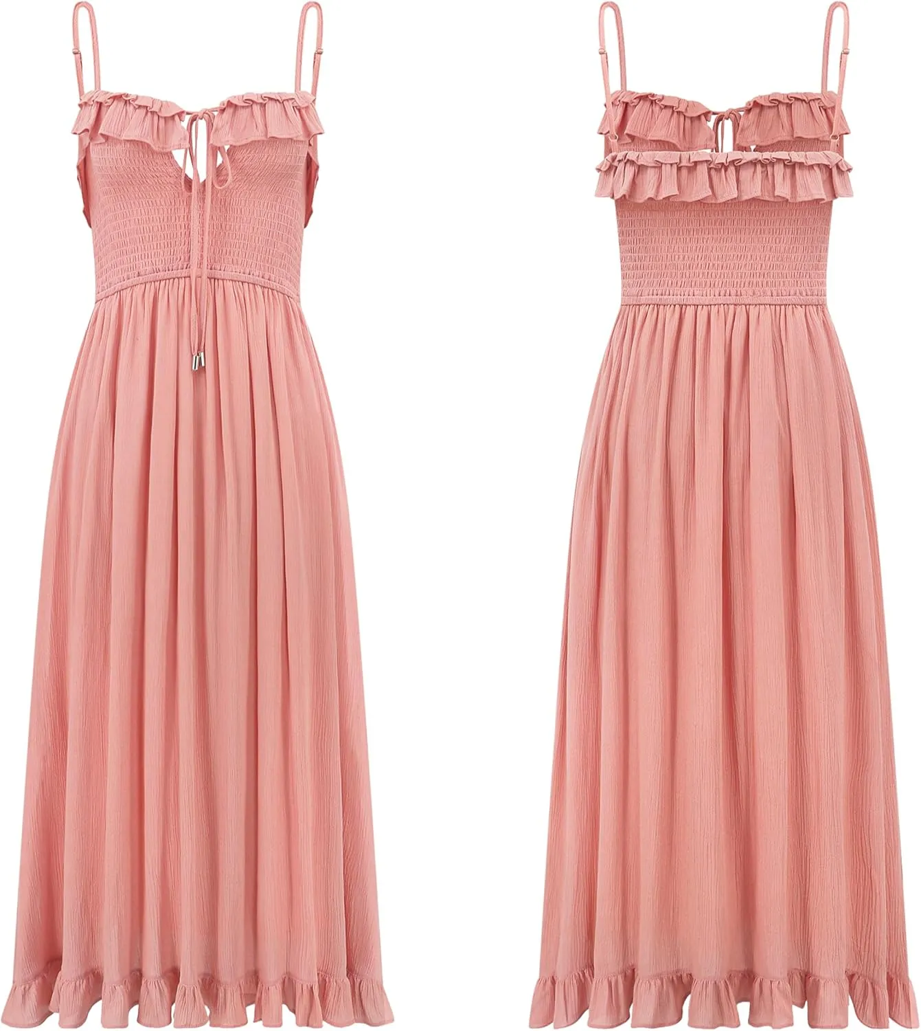 R.Vivimos Womens Summer Cotton Spaghetti Straps V-Neck Ruffle Casual Boho Midi Flowy Dress