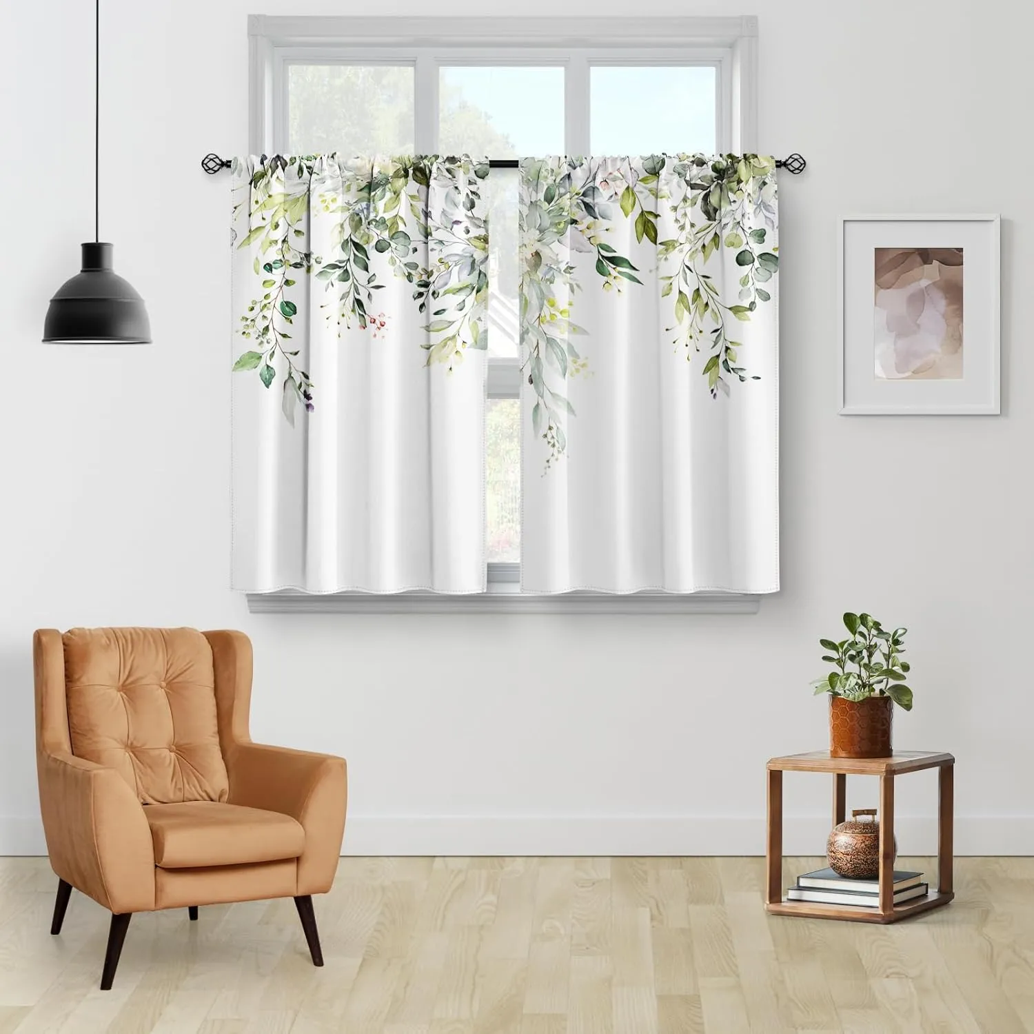 Sage Green Eucalyptus Kitchen Curtains - Spring Floral Watercolor Plant Leaves with Floral Botanical Tier Cafe Curtains for Bathroom Living RV Rod Pocket Window Drapes 36 Inch 2 Panels Set 28"x36"