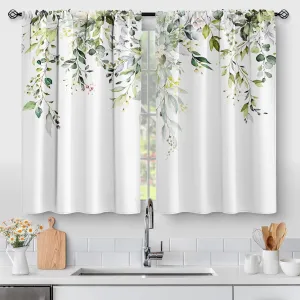 Sage Green Eucalyptus Kitchen Curtains - Spring Floral Watercolor Plant Leaves with Floral Botanical Tier Cafe Curtains for Bathroom Living RV Rod Pocket Window Drapes 36 Inch 2 Panels Set 28"x36"