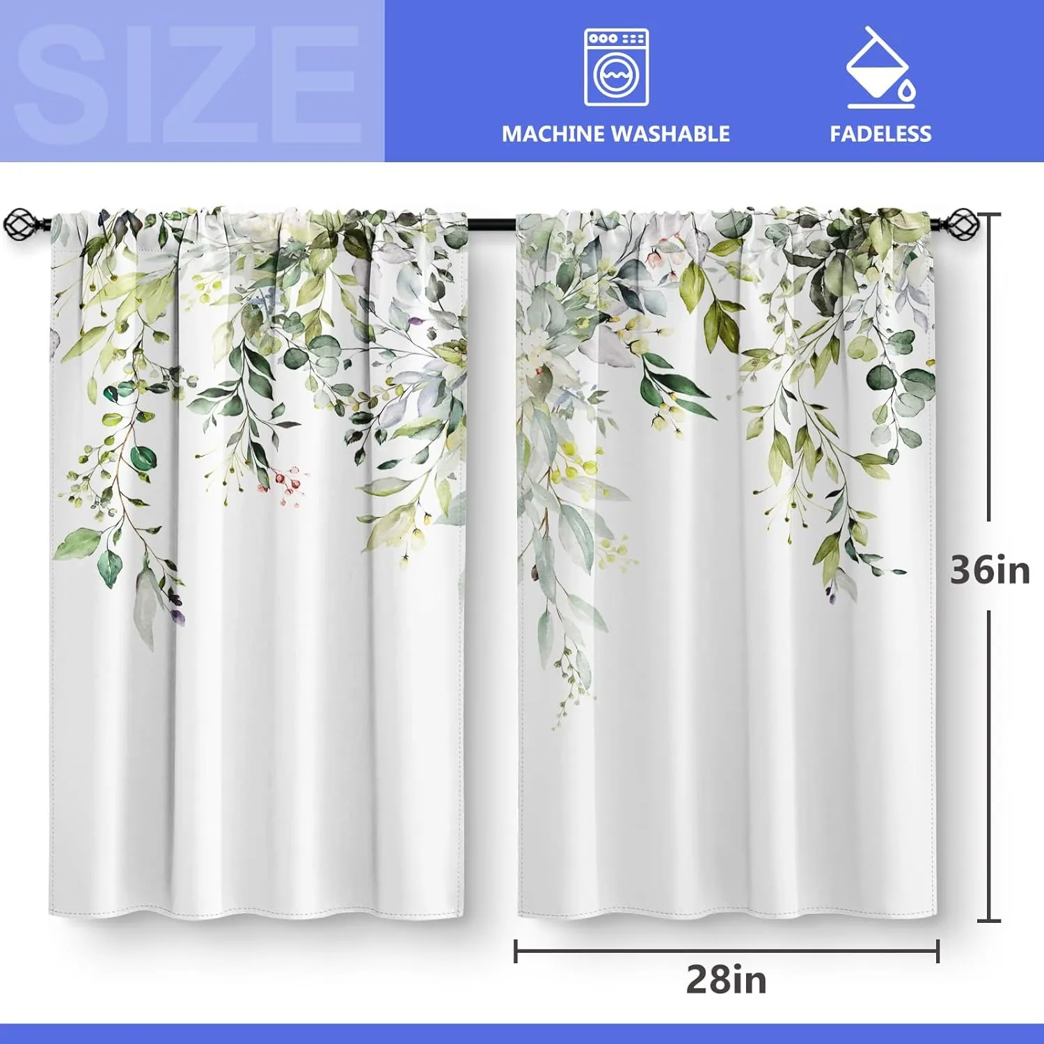 Sage Green Eucalyptus Kitchen Curtains - Spring Floral Watercolor Plant Leaves with Floral Botanical Tier Cafe Curtains for Bathroom Living RV Rod Pocket Window Drapes 36 Inch 2 Panels Set 28"x36"