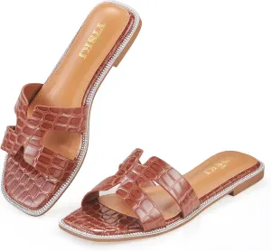 Sandals For Women 2025 Dressy Flat Slides Open Toe Sandals Comfortable Soft Leather Slides Slip On Ladies Casual Trendy Shoes