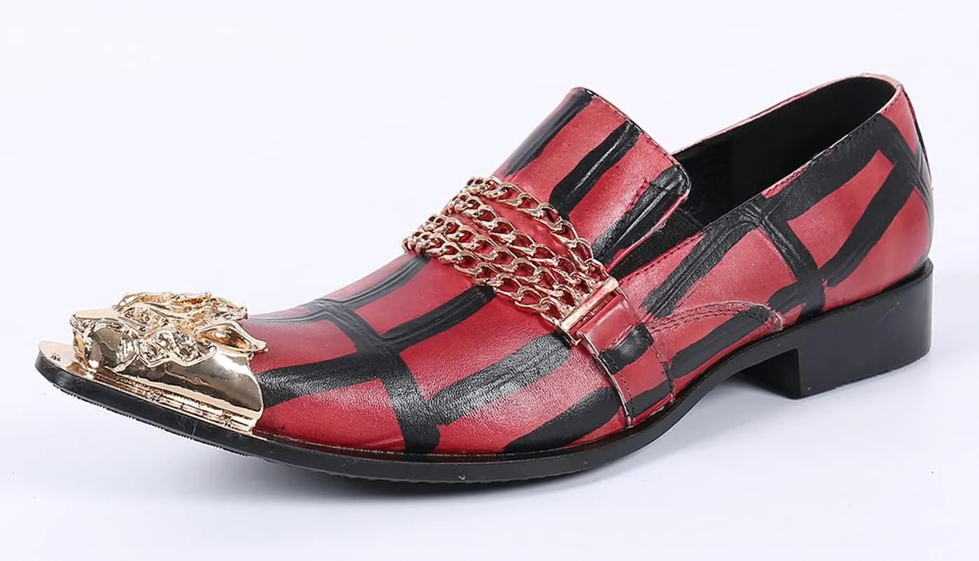 Santimon Mens Smoking Loafer Dress Comfortable Casual Genuine Leather Graphic Print Allover Gold Chain Horse Bit Metallic Dragon Cap Toe Slip On Wedding Party Shoes for Men