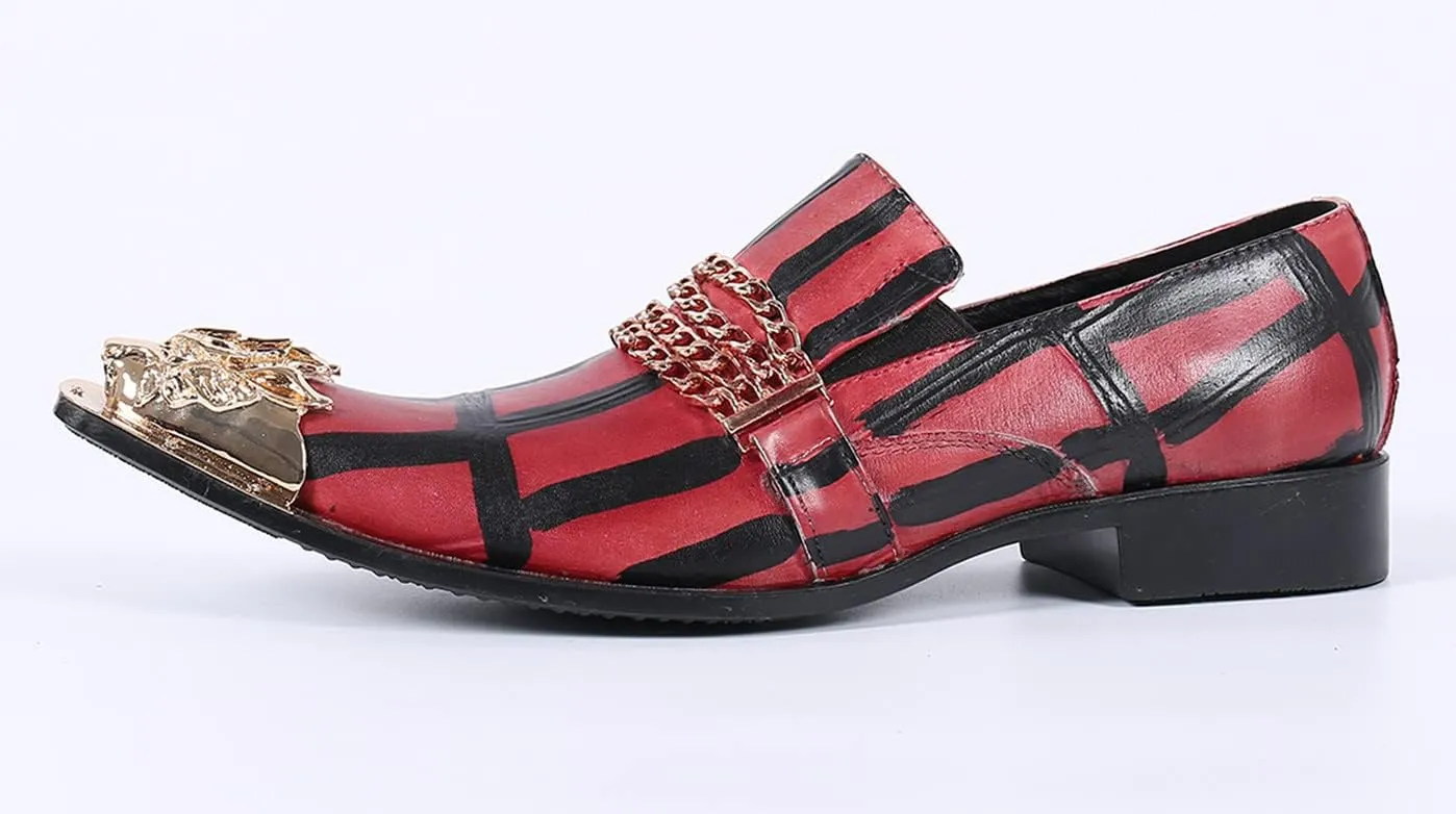 Santimon Mens Smoking Loafer Dress Comfortable Casual Genuine Leather Graphic Print Allover Gold Chain Horse Bit Metallic Dragon Cap Toe Slip On Wedding Party Shoes for Men