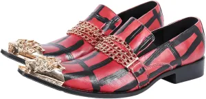 Santimon Mens Smoking Loafer Dress Comfortable Casual Genuine Leather Graphic Print Allover Gold Chain Horse Bit Metallic Dragon Cap Toe Slip On Wedding Party Shoes for Men