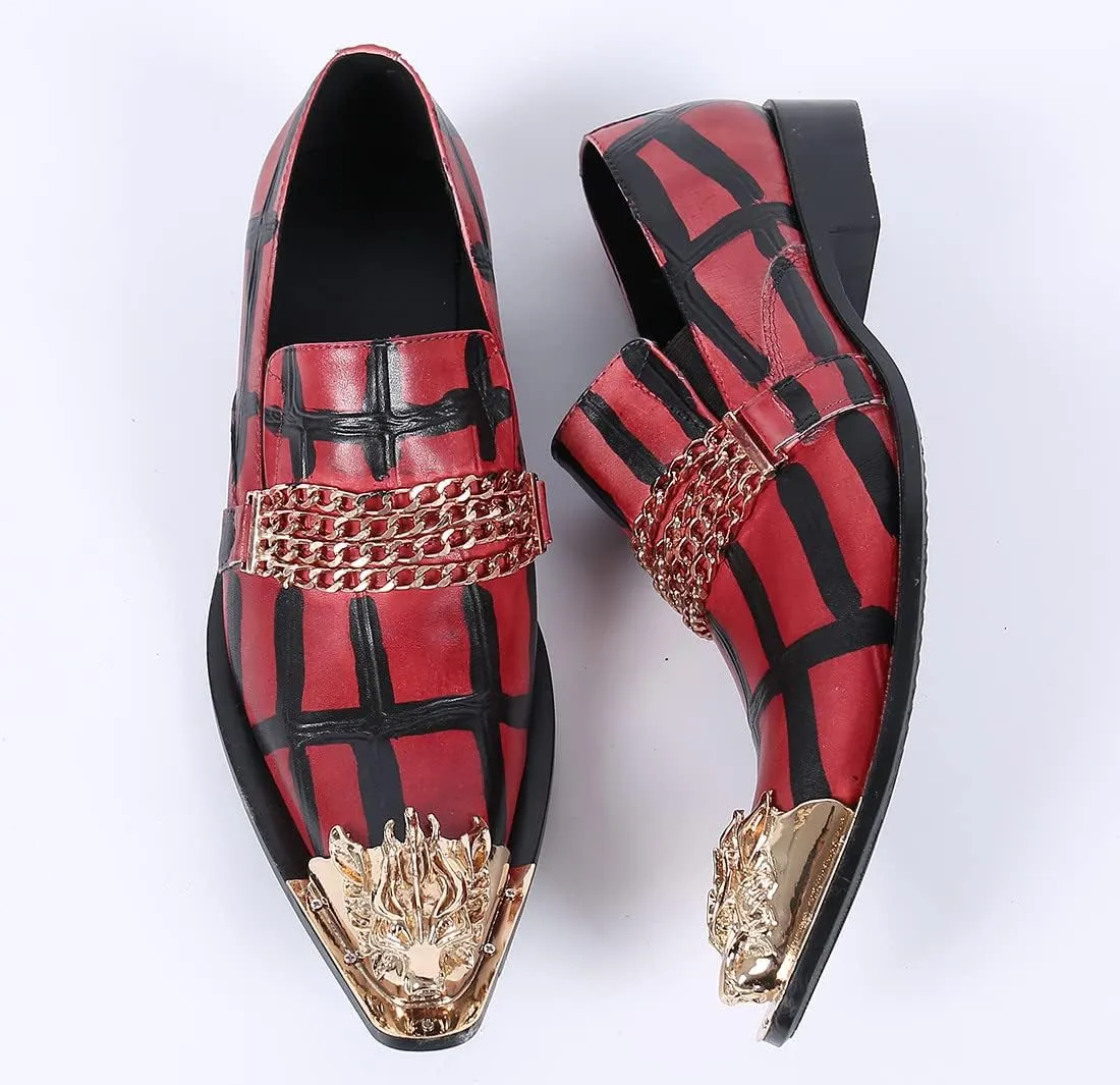 Santimon Mens Smoking Loafer Dress Comfortable Casual Genuine Leather Graphic Print Allover Gold Chain Horse Bit Metallic Dragon Cap Toe Slip On Wedding Party Shoes for Men