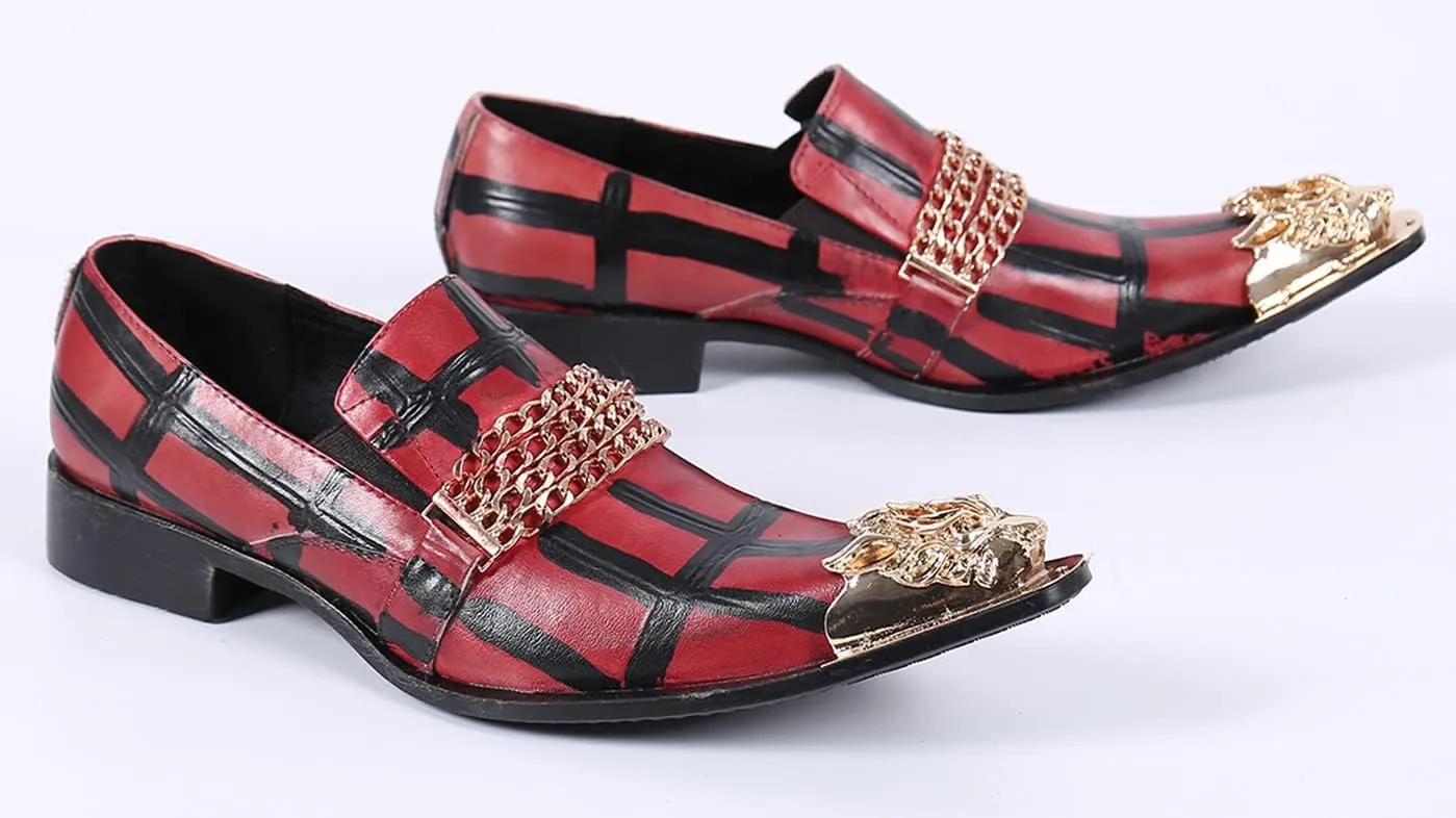 Santimon Mens Smoking Loafer Dress Comfortable Casual Genuine Leather Graphic Print Allover Gold Chain Horse Bit Metallic Dragon Cap Toe Slip On Wedding Party Shoes for Men