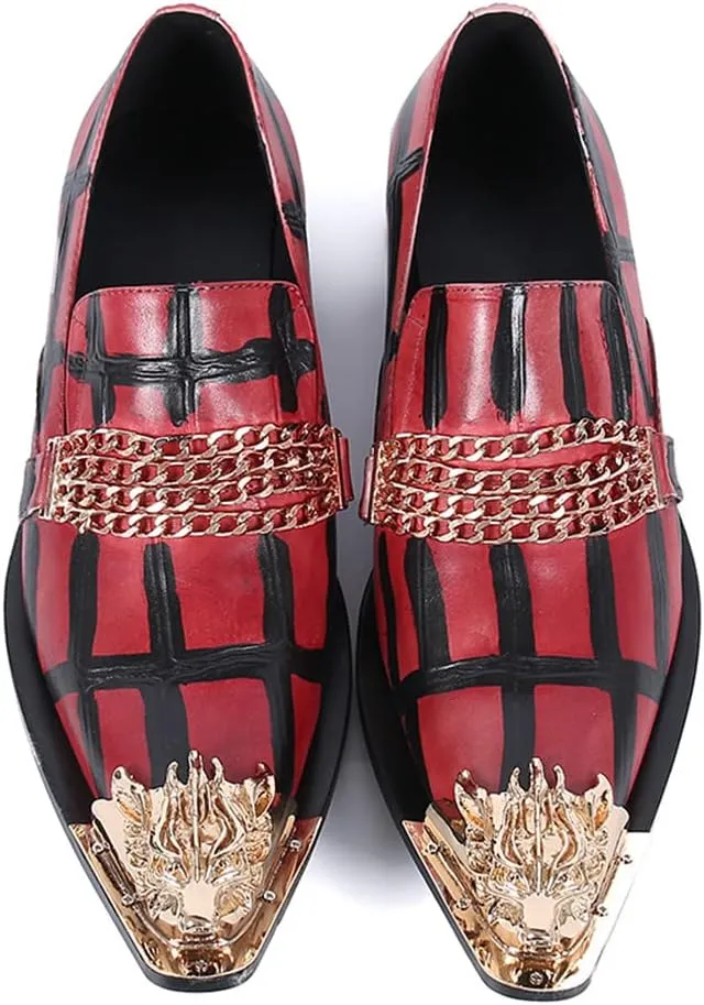 Santimon Mens Smoking Loafer Dress Comfortable Casual Genuine Leather Graphic Print Allover Gold Chain Horse Bit Metallic Dragon Cap Toe Slip On Wedding Party Shoes for Men