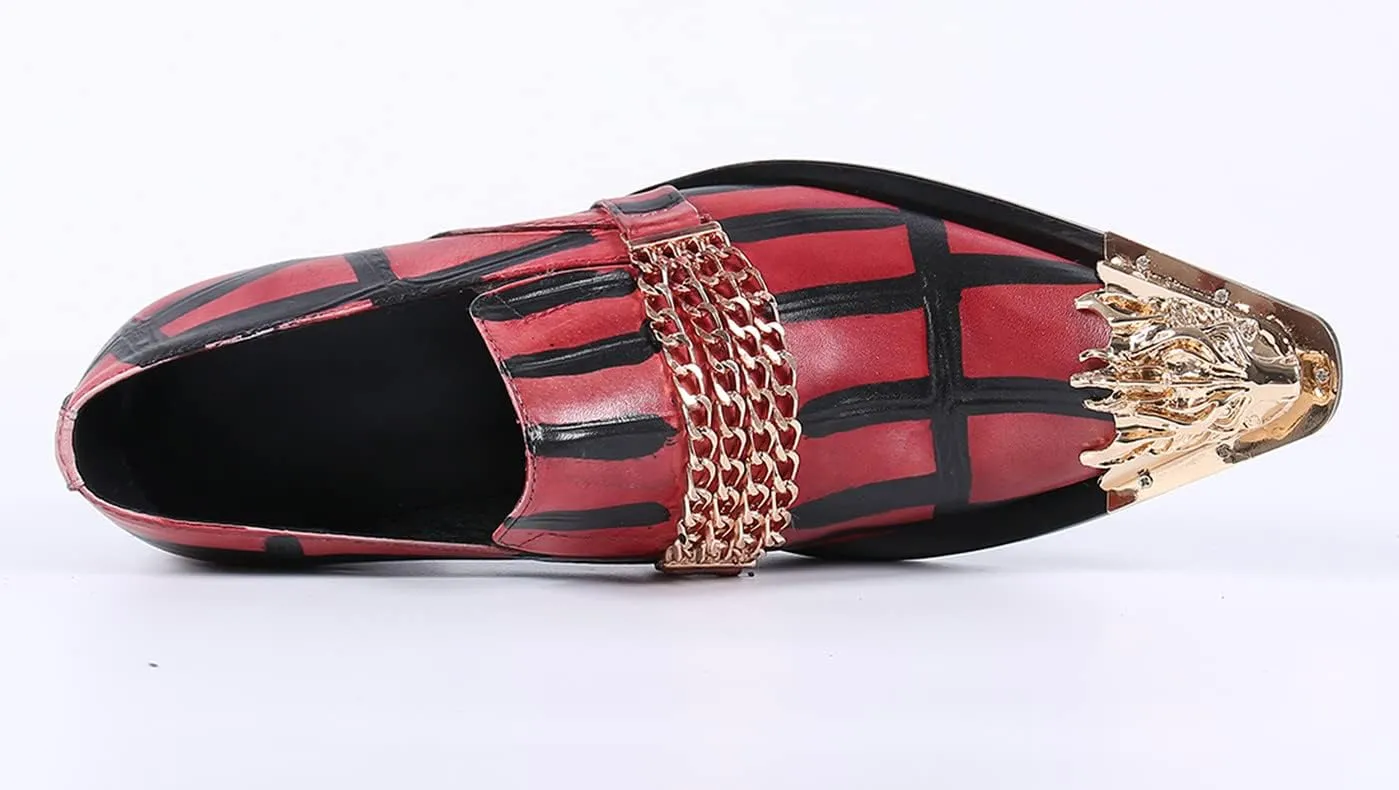 Santimon Mens Smoking Loafer Dress Comfortable Casual Genuine Leather Graphic Print Allover Gold Chain Horse Bit Metallic Dragon Cap Toe Slip On Wedding Party Shoes for Men