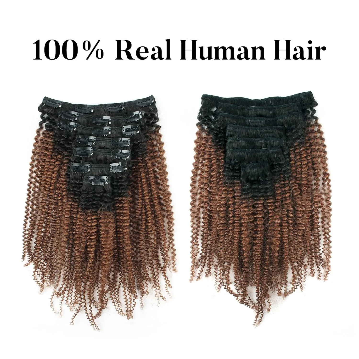Sassina Double Wefts Clip In Human Hair Extensions Afro Curly Style Natural Looking Ombre Natural Black Fading to Ginger 120 Grams 7 Pieces Per Bundle With 17 Clips AC TN30 14 Inch