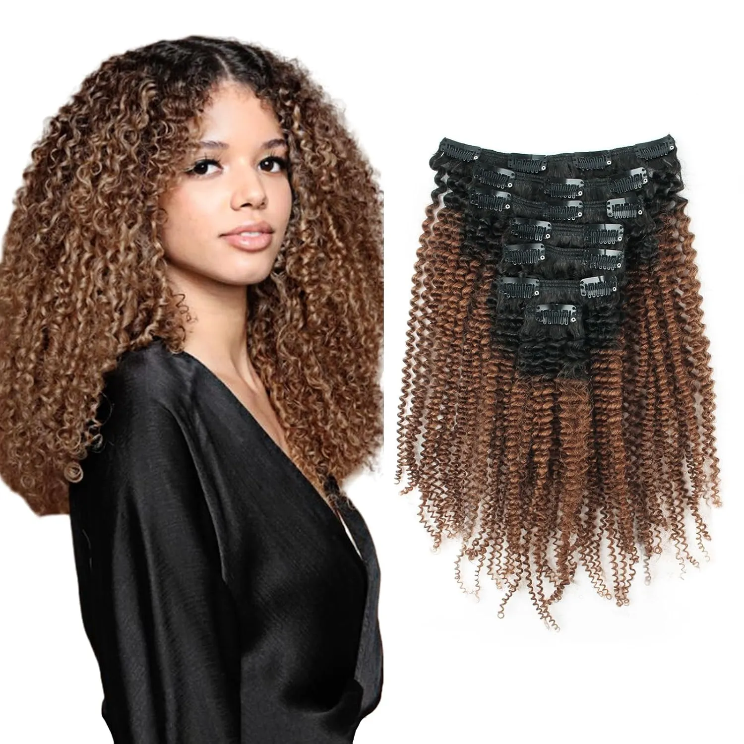 Sassina Double Wefts Clip In Human Hair Extensions Afro Curly Style Natural Looking Ombre Natural Black Fading to Ginger 120 Grams 7 Pieces Per Bundle With 17 Clips AC TN30 14 Inch